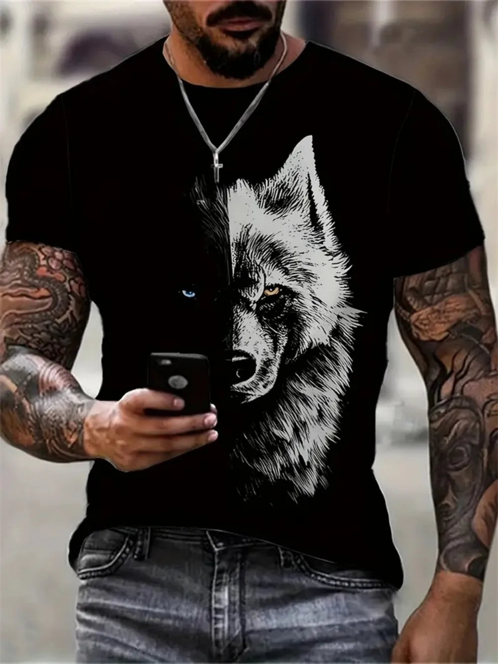 Fashionable summer men's domineering wolf print pattern breathable round neck T-shirt outdoor high street casual top