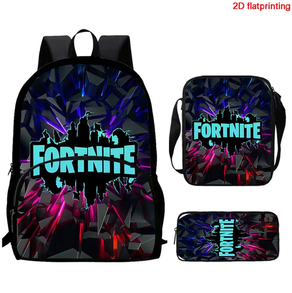 Conjunto de Mochila Fortnite Cartoon de 3 Peças Unissexo para Rapazes e Raparigas, Mochila com Bolso Frontal, Mala a Tiracolo e Estojo, Presente Ideal