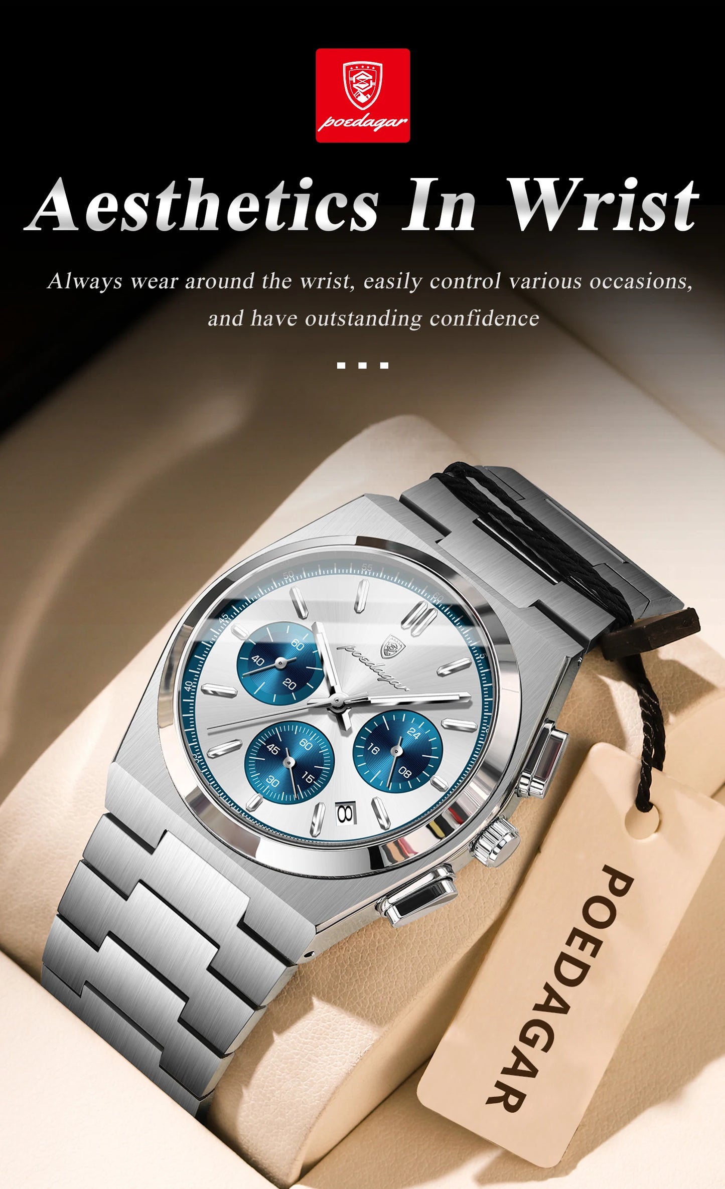 POEDAGAR Fashion Men's Wristwatch Chronograph Date Stainless Steel Quartz Man Clock Waterproof Luminous Business Watches For Men