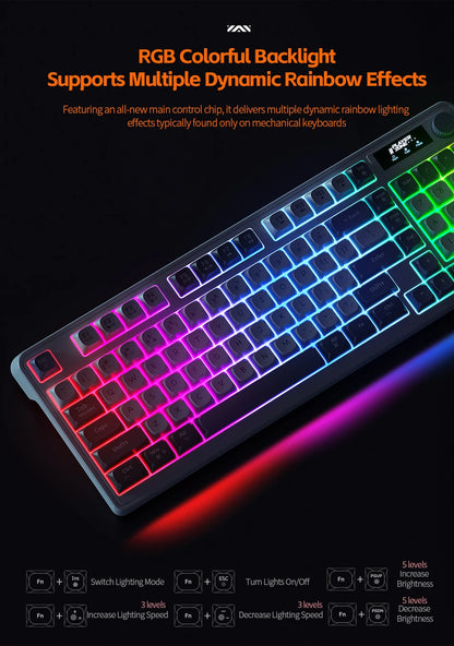 98 key Wireless Keyboard Knob Control BT/2.4g/Wired, RGB LED Backlight Display, 2000mA Battery for PC/Laptop
