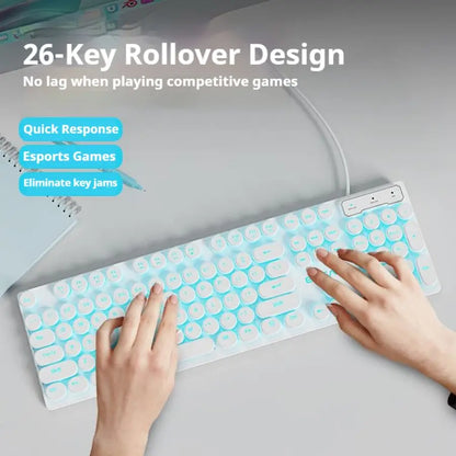 EWEADN GX330 Typewriter Gaming Keyboard, 104 Keys Wired Round Keycaps with Blue Backlit USB Wired Computer External Keyboards