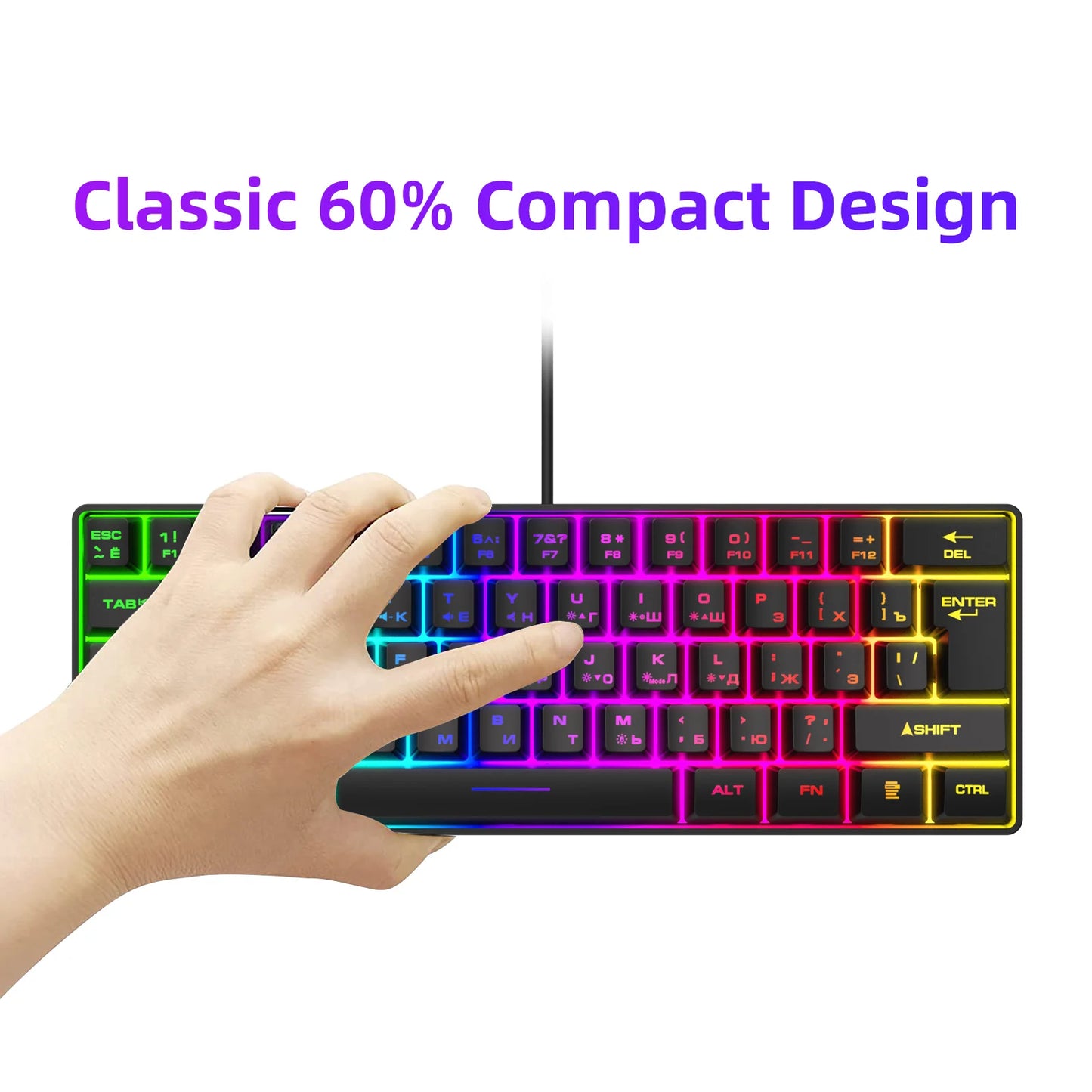 Gaming Keyboard, Russian/English RGB Backlit 61 Key Ultra-Compact Keyboard, Waterproof Mechanical Feeling Office Gaming Keyboards