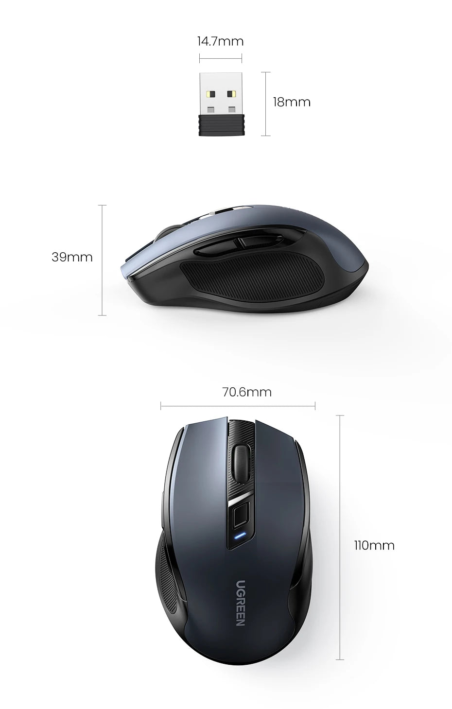 Mouse wireless UGREEN Bluetooth 5.0 ergonomico 4000DPI con 6 pulsanti silenziosi, per MacBook, tablet, laptop, computer e PC, mouse 2.4G