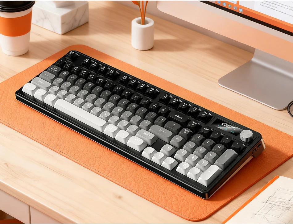 98 key Wireless Keyboard Knob Control BT/2.4g/Wired, RGB LED Backlight Display, 2000mA Battery for PC/Laptop