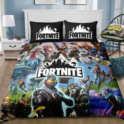 Set de lenjerie de pat Fortnite, 3 piese, imprimare 3D, lenjerii pentru dormitor, joc, desen animat, lenjerie decorativă, husă de pilotă, față de pernă, cadou de ziua de naștere