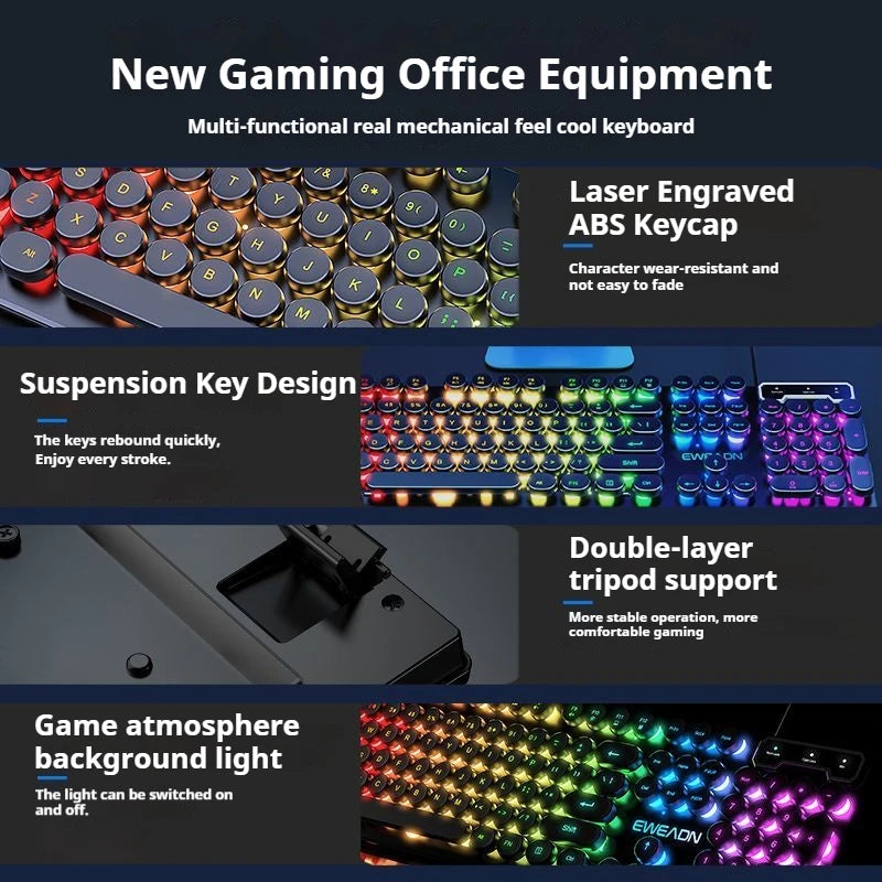 EWEADN GX330 Typewriter Gaming Keyboard, 104 Keys Wired Retro Punk Round Keycaps, with RGB Backlit, for Windows Laptop PC Black