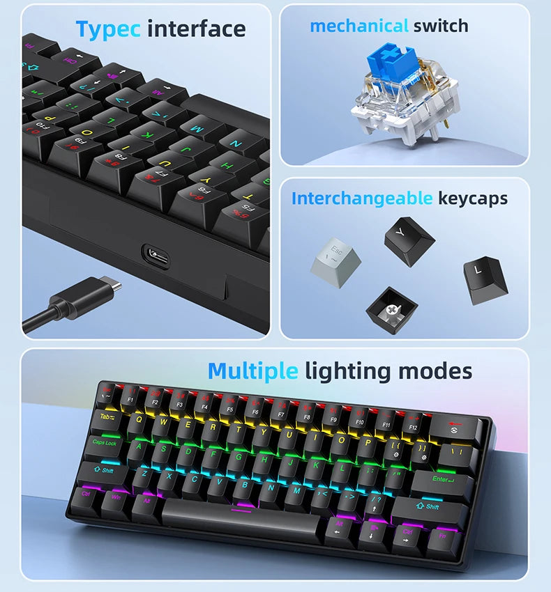 61 Keys Mechanical Keyboard Wired, APAYADO K61 RGB 60% Portable Mini Keyboard Black, White, Red/Blue Switch for Gaming