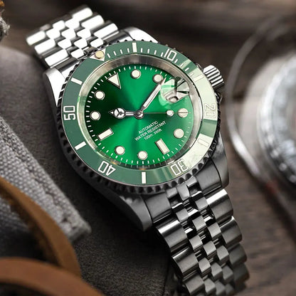 Relógio de Homem Automático Miyota8215 Impermeável 200m, Relógio de Mergulho 40mm com Movimento Mecânico, Luminoso, Bracelete Jubilee e Fecho Glide Lock