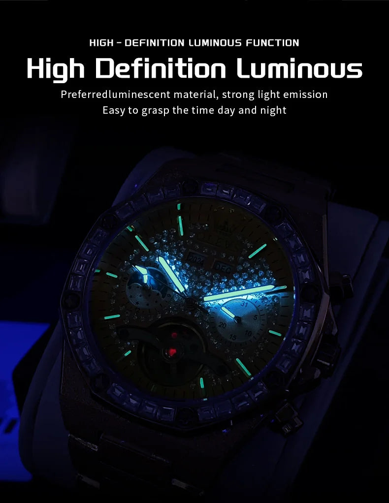 OLEVS 9805 Mens Watch Original Brand Tourbillon Automatic Mechanical Watch Diamond Dial Waterproof Moon Phase Watches For Men