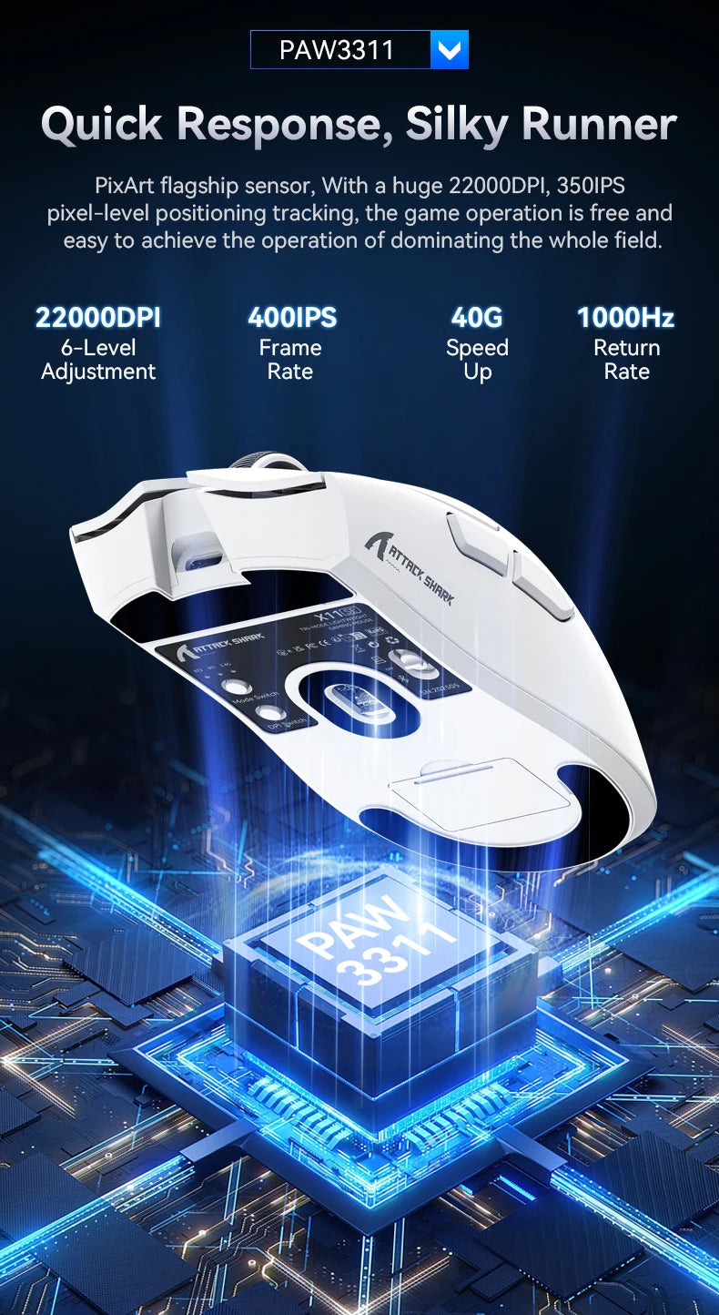 Безжична геймърска мишка ATTACK SHARK X11SE, Tri-Mode, суперлека 63g със сензор PAW3311, 22000 DPI, батерия 300mAh, двоен драйвер