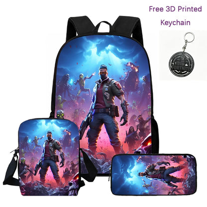 3Pcs Kids Backpack Set, Crossbody & Pencil Bag, FORTNITE Cartoon Bag, Lightweight for Boys Girls 6-10, Free 3D Printed Keychain