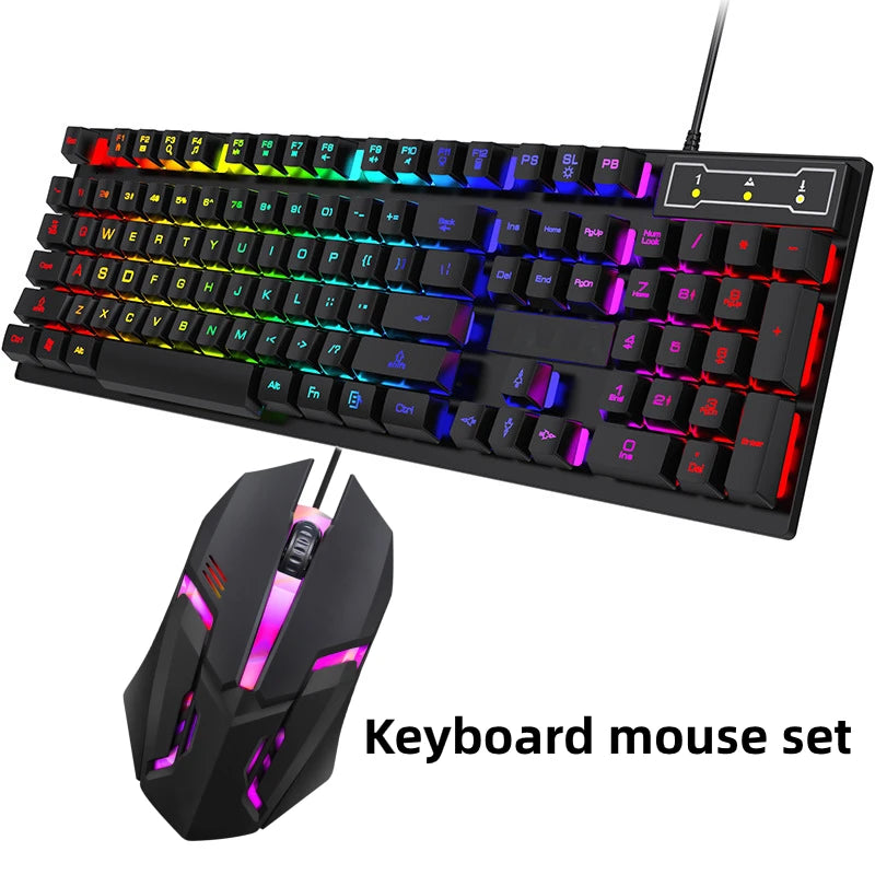 Conjunto de teclado com fios de 104 teclas com retroiluminação RGB e efeito de respiração, teclado gaming ergonómico e rato para computador, portátil, gamer e escritório