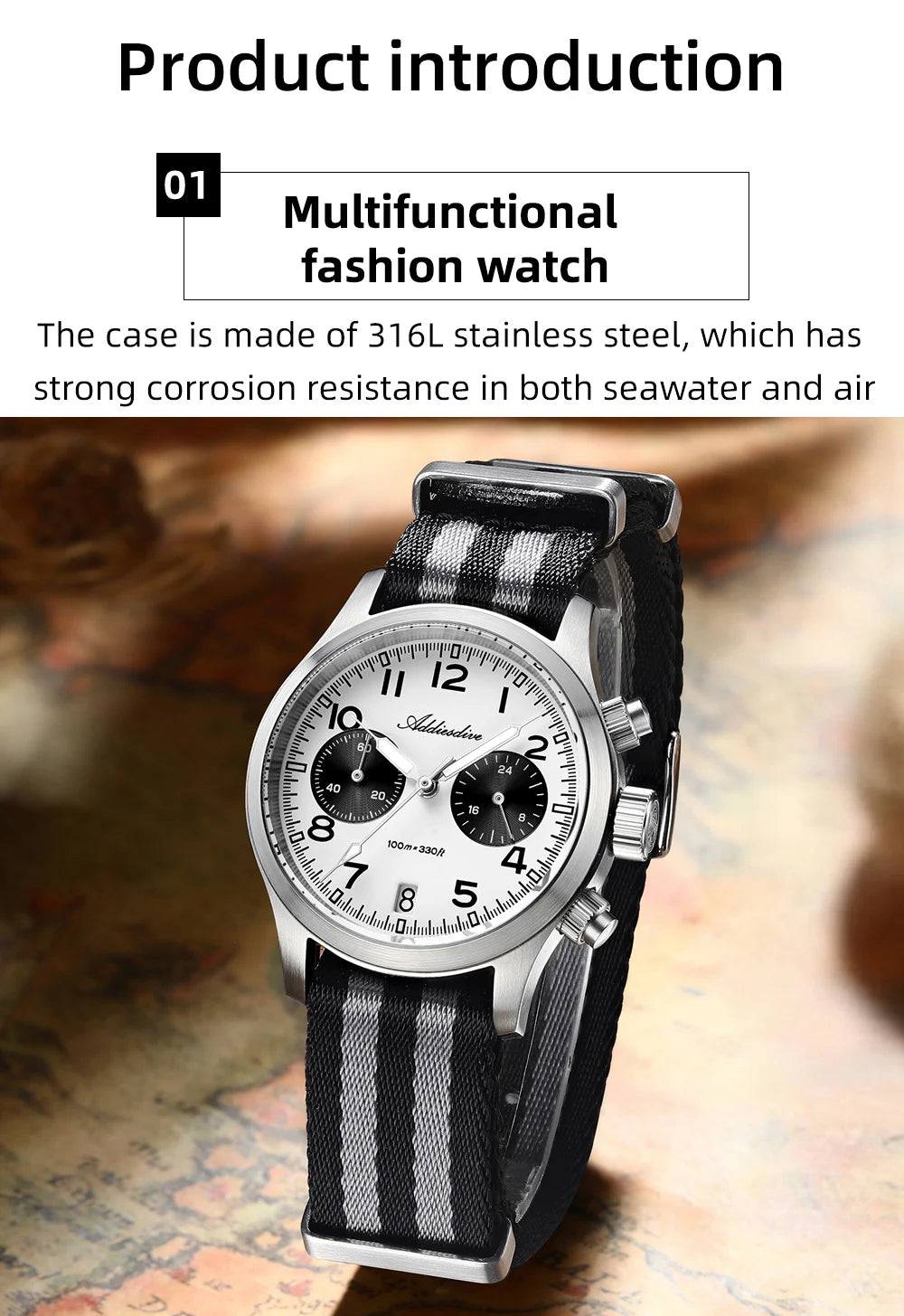 ADDIESDIVE 2025 Novo Relógio Masculino Panda Eye Retro de Luxo VK64 Quartz, Cronógrafo Desportivo para Homem, 100M Impermeável, Luminoso