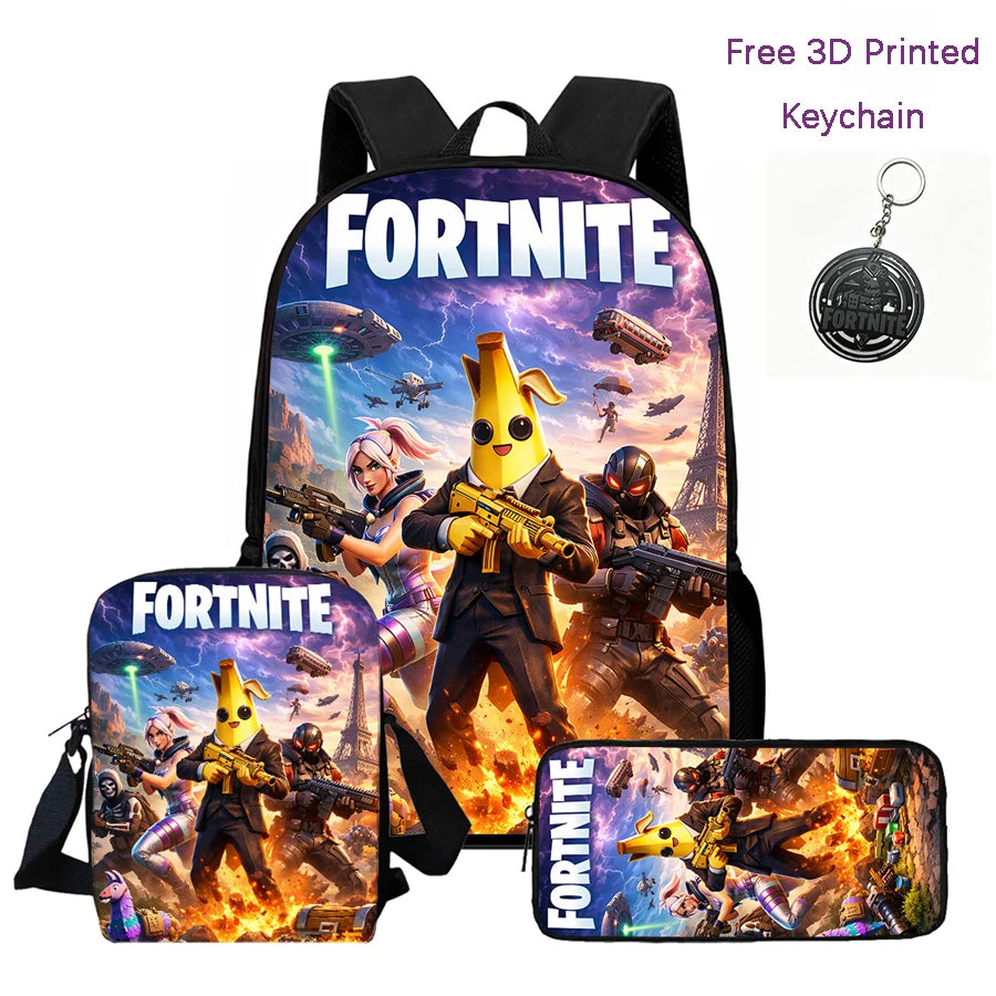 3Pcs Kids Backpack Set, Crossbody & Pencil Bag, FORTNITE Cartoon Bag, Lightweight for Boys Girls 6-10, Free 3D Printed Keychain