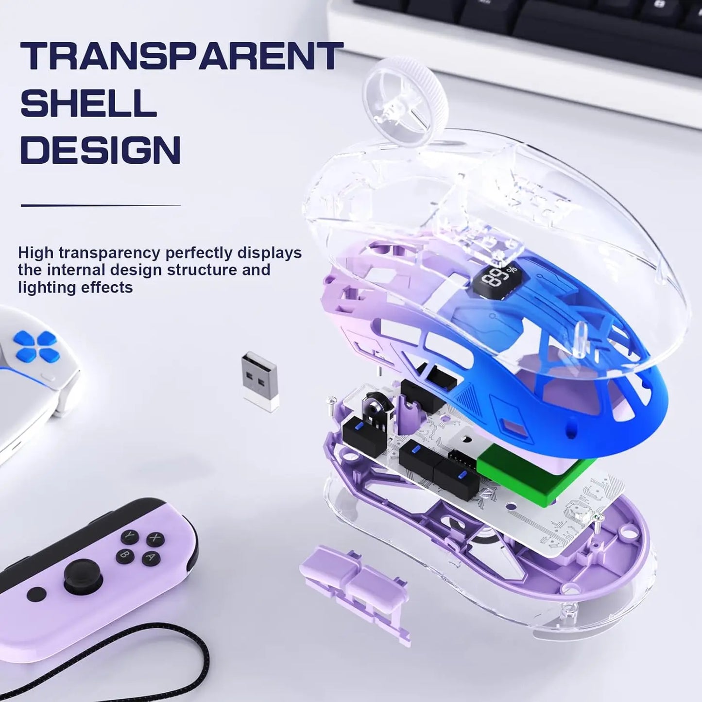 Rato Gaming Sem Fios Transparente A2, BT 5.0/2.4G para PC, Recarregável, RGB, com Ecrã Digital, PixArt 3212, 5 Níveis de DPI Ajustáveis