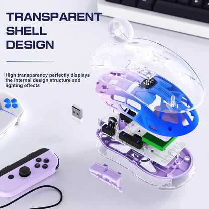 Rato Gaming Sem Fios Transparente A2, BT 5.0/2.4G para PC, Recarregável, RGB, com Ecrã Digital, PixArt 3212, 5 Níveis de DPI Ajustáveis