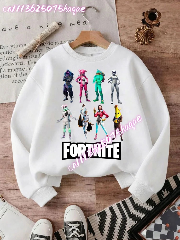 Sweat-shirts Fortnite novos para criança, hoodie com estampado de personagens de jogo em estilo cartoon, tops casuais de outono para criança, roupa de inverno para bebé menino