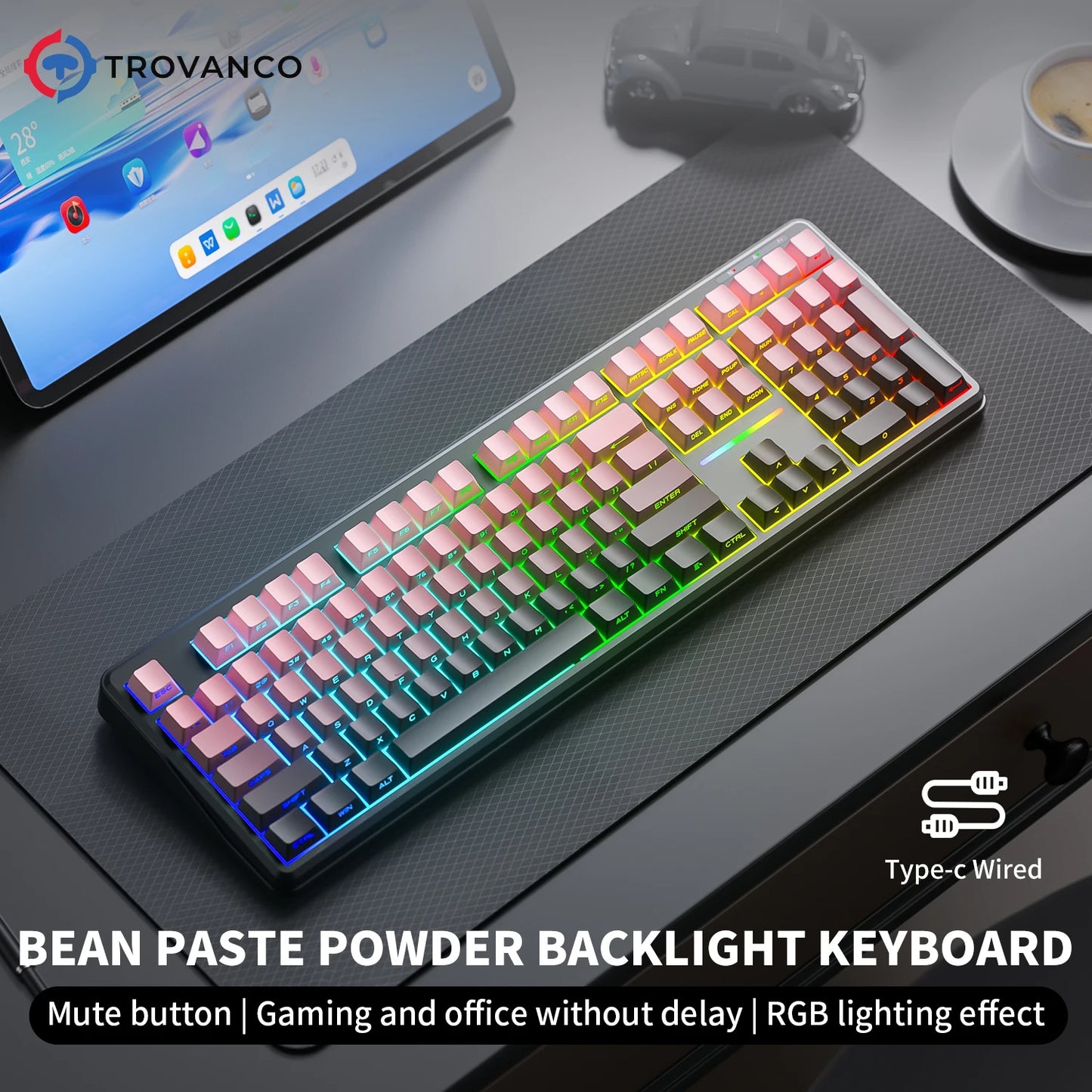 V108 Pro Bluetooth Keyboard Office Low Noise 2.4G Wired & Wireless Full Layout with RGB Backlit Membrane