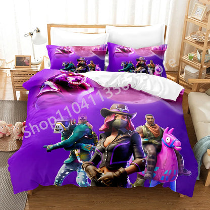 Conjunto de Cama Battle Royale F-Fortnite 3 Peças para Crianças, Capa de Edredão, Colcha e Fronha, Tamanho Duplo, Decoração de Quarto Victory Game