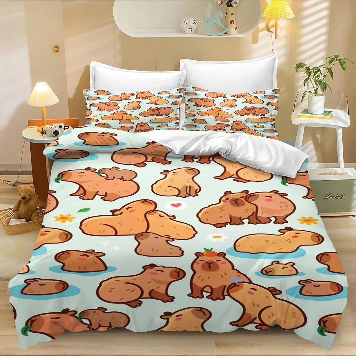 4 Cartoon Capybara Duvet Cover Pillowcase Capybara Bedding Set Adult Boy Girl Bedroom Decoration Children Single Double Size