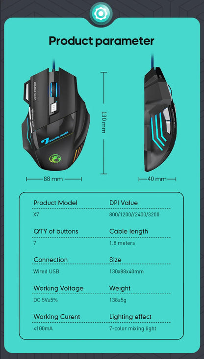 iMICE X7 Ergonomic Wired Gaming Mouse, 3200 DPI USB Gaming Mouse with 7 Programmable Buttons, LED Backlit Computer Gamer Mouse for PC & Laptop