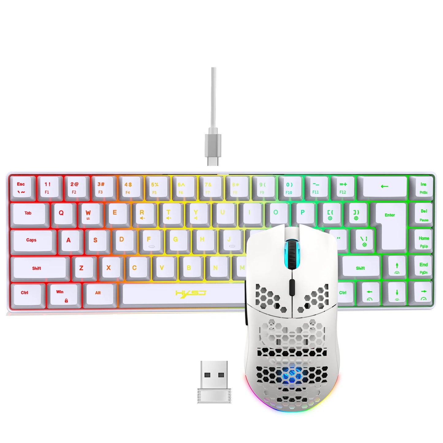 Portable HXSJ 60% RGB Gaming Keyboard and Mouse Set 68-Key Wired Membrane Keyboard 3-Mode Lightweight Wireless Mouse for PC Mac
