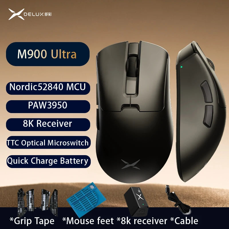 Rato Gaming Sem Fios Delux M900PRO Versão Ultraleve Ergonómico 1K/8K Polling Rate 50g PAW3395 para Destro com Mão Grande PC Gamer