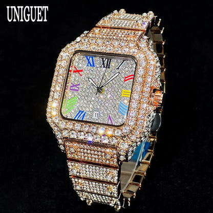 UNIGUET Big Diamond Watch Men Luxury Colored Roman Literal Watch Man Hip Hop Jewelry Bling Bling Square Wristwatch Dropshipping