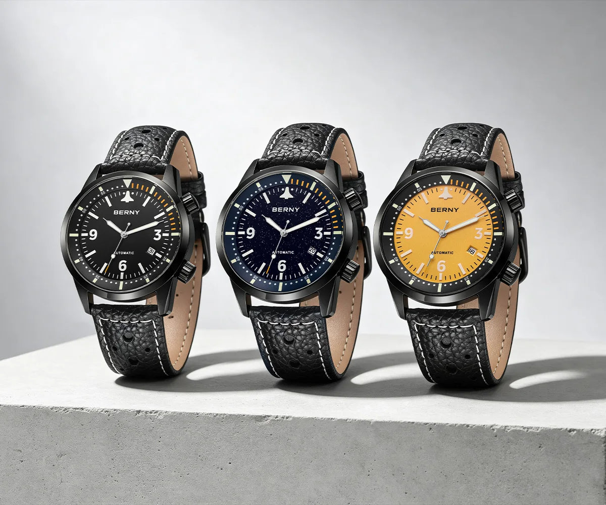BERNY Men's Automatic Diver Watch Supper Luminous Sapphire AR Coated MlYOTA 8215 Leather Strap Mechanical Diving Watches for Men