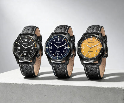 BERNY Men's Automatic Diver Watch Supper Luminous Sapphire AR Coated MlYOTA 8215 Leather Strap Mechanical Diving Watches for Men