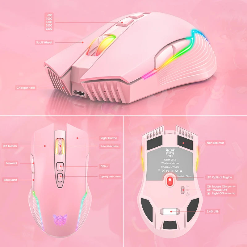 Lenovo CW905 Wireless Gaming Mouse 3600 DPI RGB Ergonomic Gaming Mouse with 7 Buttons, Adjustable DPI, USB Gaming Mouse for PC & Laptop