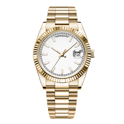 Relógio Mecânico Masculino CORGEUT NH36 com Data e Dia da Semana, Pulseira President, Caixa em Aço e Luneta em Arco Roscada, Resistente à Água