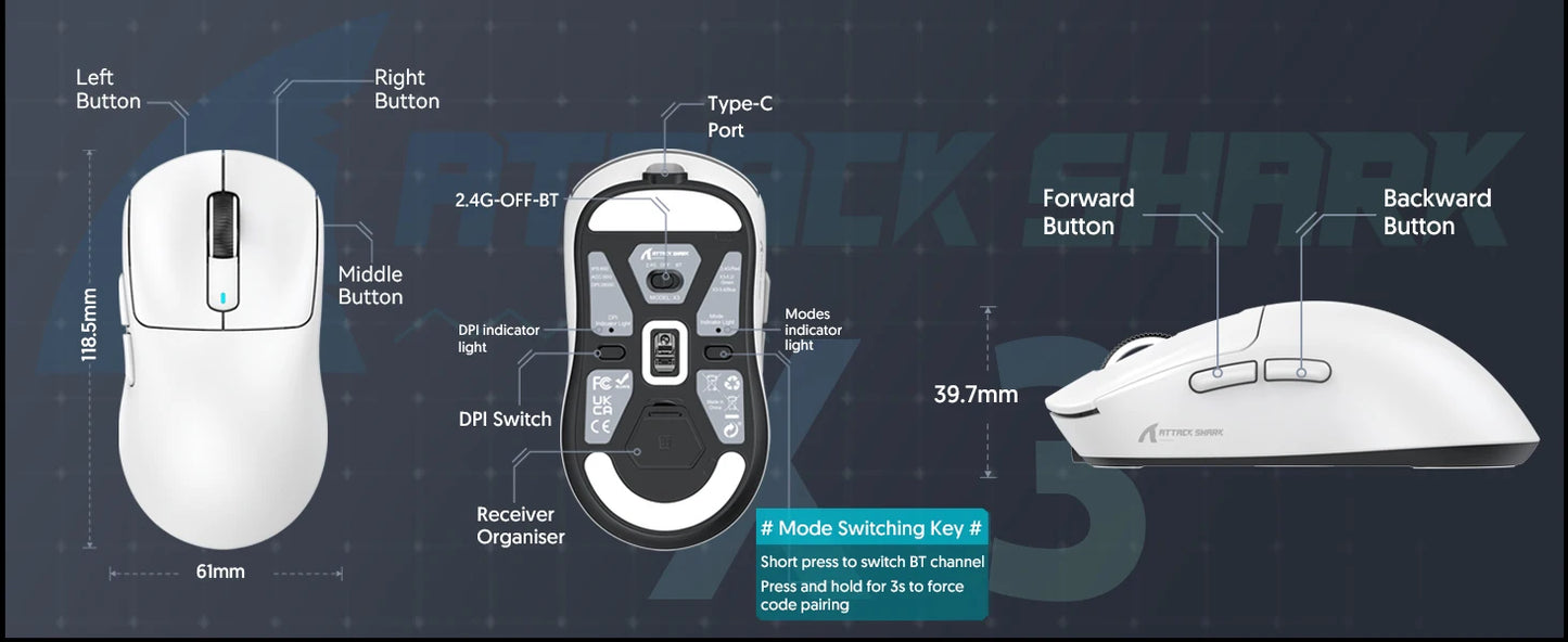 Attack Shark X3/X3 Pro Wireless Gaming Mouse, 26K DPI PixArt PAW3395, Tri-Mode Bluetooth 5.2/2.4G/Wired, 49g Ultralight Gaming Mouse for PC