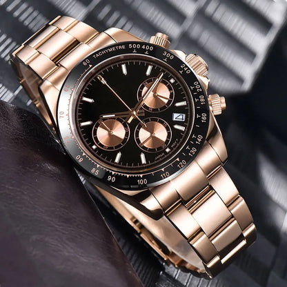 Relógio de Luxo para Homem VK63 com Movimento de Quartzo, Cronógrafo Business, 39mm, Aço/Ouro Rosa, Data, Mostrador Luminescente, Cronógrafo Completo