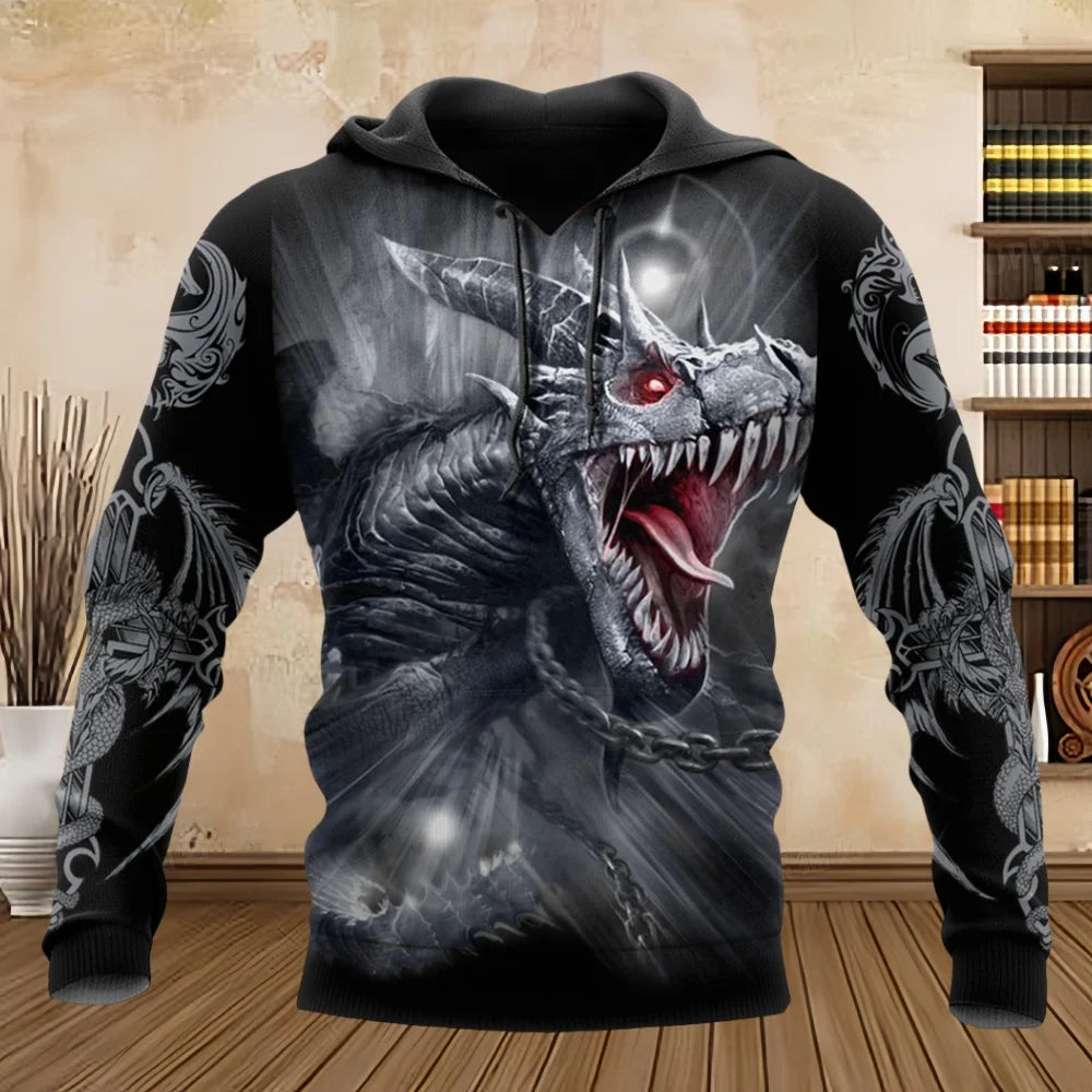 Sweatshirt com Capuz Unissexo para Homem, Manga Comprida, Estampado 3D com Dragão Tattoo, Primavera/Outono, Streetwear Casual, Pullover, Fato de Treino