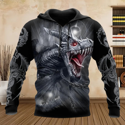 Sweatshirt com Capuz Unissexo para Homem, Manga Comprida, Estampado 3D com Dragão Tattoo, Primavera/Outono, Streetwear Casual, Pullover, Fato de Treino