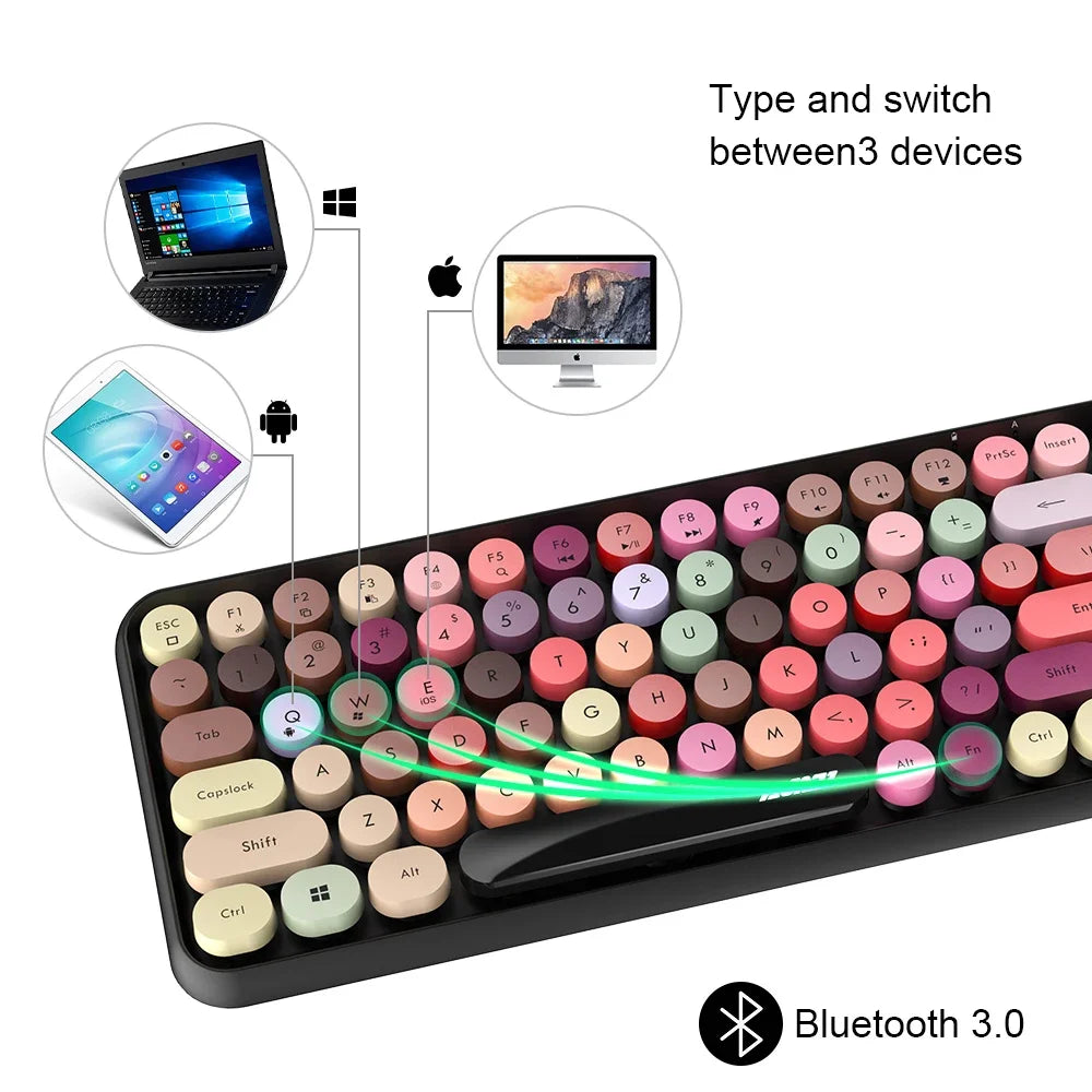AJAZZ 308i Wireless Bluetooth Keyboard 84 Keys Rechargeable Retro Round Typewriter Keycaps, Portable Mechanical Keyboard