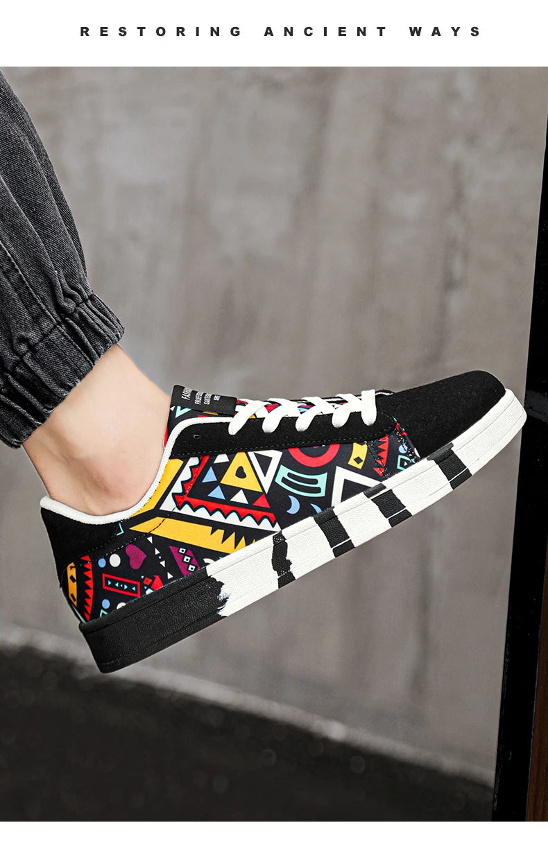 YRZL Sapatilhas de corrida desportivas para homem em lona, estilo geométrico, com atacadores, sapatilhas de casal com estampado graffiti moderno, sapatos de skate para homem