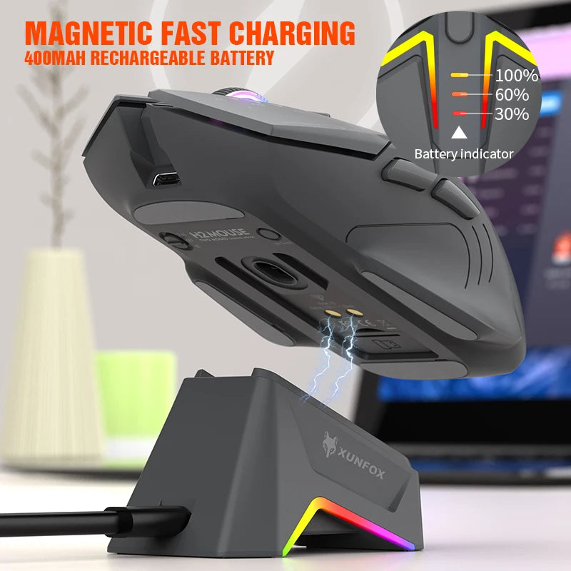 Rato XUNSVFOX H2 sem fios Bluetooth de modo duplo, iluminação RGB, para portátil, gaming e escritório, com carregamento magnético
