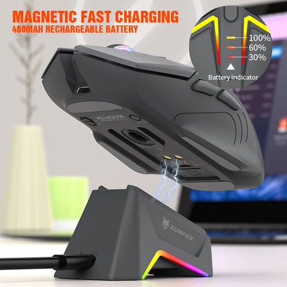 Rato XUNSVFOX H2 sem fios Bluetooth de modo duplo, iluminação RGB, para portátil, gaming e escritório, com carregamento magnético