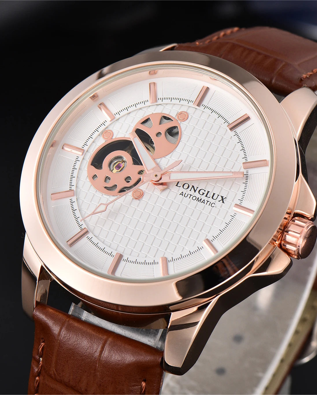 Automatic Watch Minimalist Elegant Everyday Skeleton Waterproof Mechanical Watches Rose Gold Leather Mens Watch Men Gift for Him