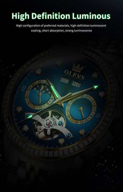 OLEVS 7016 Luxury Automatic Watch Men Skeleton Tourbillon Moon Phase Calendar Waterproof Stainless Steel Mechanical Wristwatch