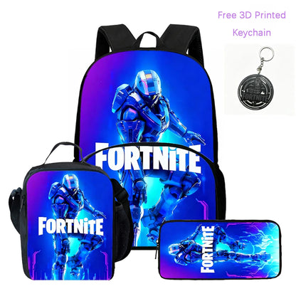 3Pcs FORTNITE Cartoon School Set Lightweight Backpack Front Pocket Lunch & Pencil Case For Kids Age 5-9 Free 3D Printed Keychain