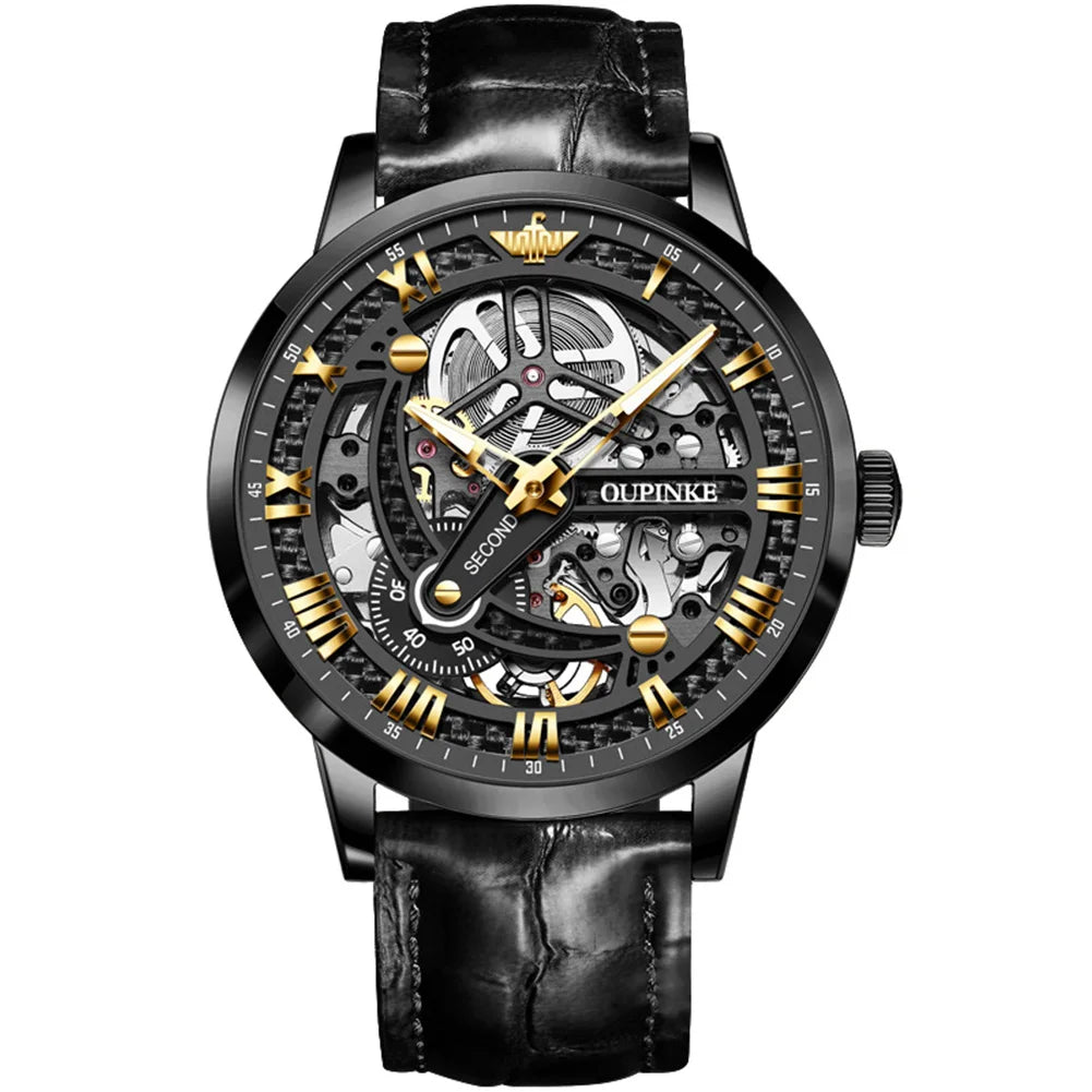 OUPINKE 3173 Skeleton Automatic Mechanical Watch Luxury Brand 50M Waterproof Watch Leather Strap Mens Watch Box Gifts Reloj