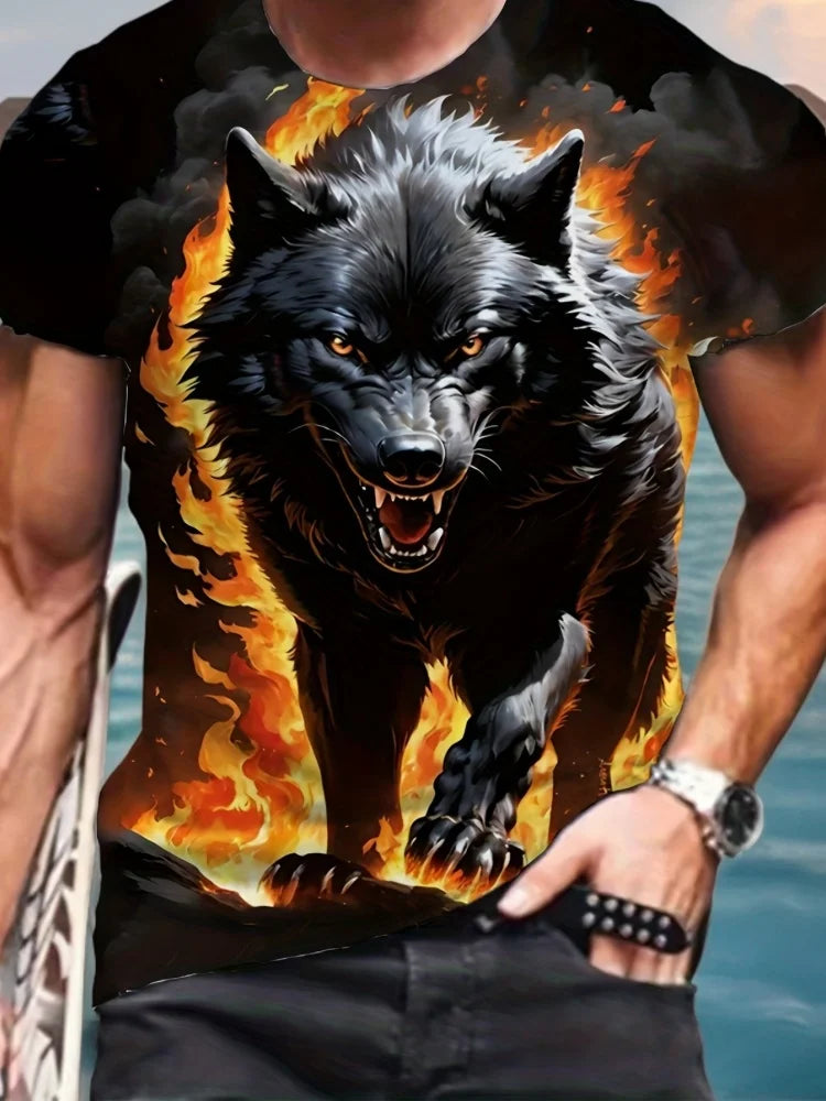 Fire Wolf Graphic 3D Print Men T-Shirt Summer Oversized Causal T-Shiet Men's Fashion Fitness Short Sleeve Clothing Tops Tees