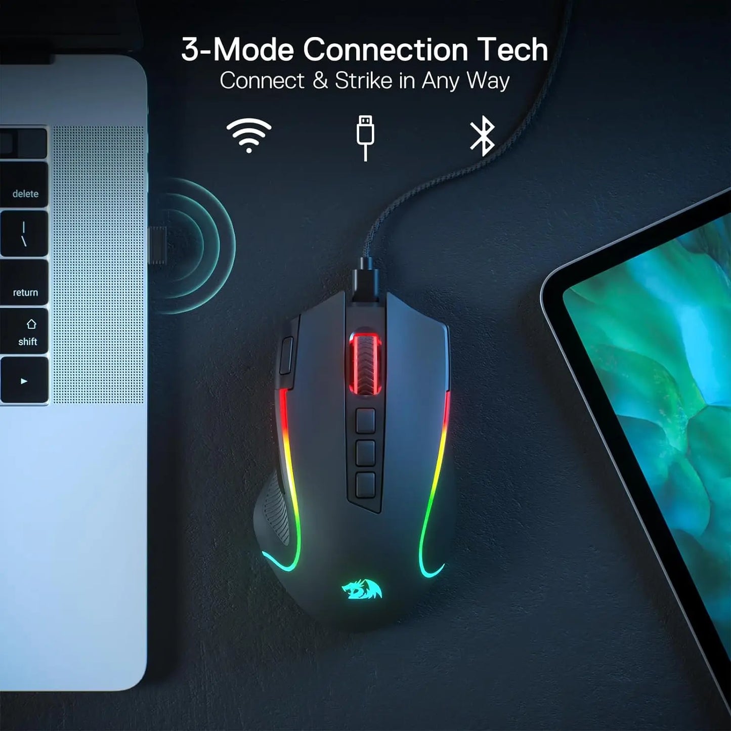 Rato Gaming Redragon M612 PRO BT & 2.4RGB, 8000 DPI, Ótico com/sem Fios, 11 Botões Programáveis e 6 Modos de Retroiluminação