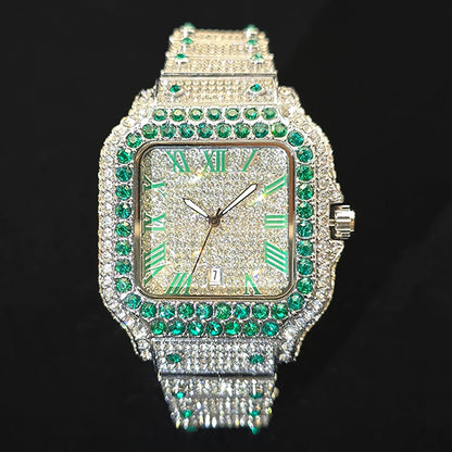 Gold Watch For Men Hip Hop Luxury Green Diamond Quartz Watches Fashion Iced Jewelry Clock Dropshipping