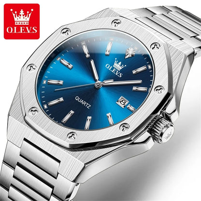 OLEVS Watches For Men Luxury Silver Blue Classic Quartz Watch for Man Waterproof Stainless Steel Luminous Reloj Hombre 2025