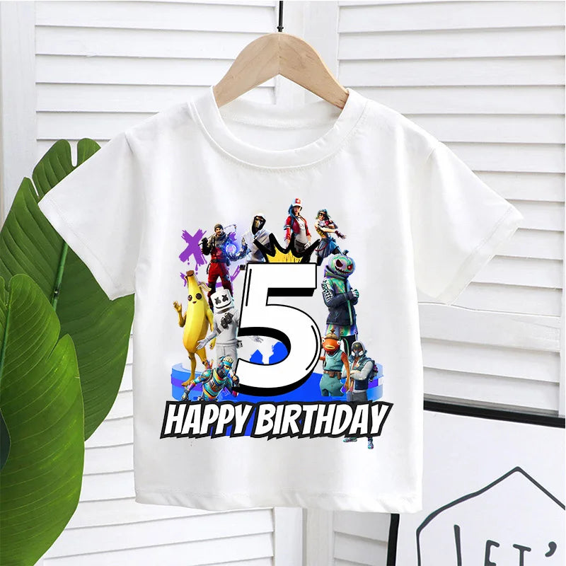 T-shirt Fortnite com Número de Aniversário para Crianças, Raparigas e Rapazes, Roupa de Verão, T-shirt em Algodão para Bebé, Top de Manga Curta para Festa, Presente para Criança Pequena