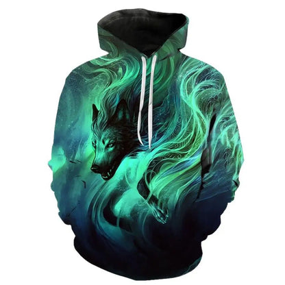 European and American Hot-sale 3D Printed Wolf Hoodie Fashion Long-sleeved Cool Pullover Personality Animal Sweatshirt
